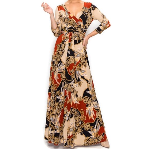 Janette Fashion Dreamcatcher Gold Rust Faux Wrap Maxi Dress - Picture 2 of 3